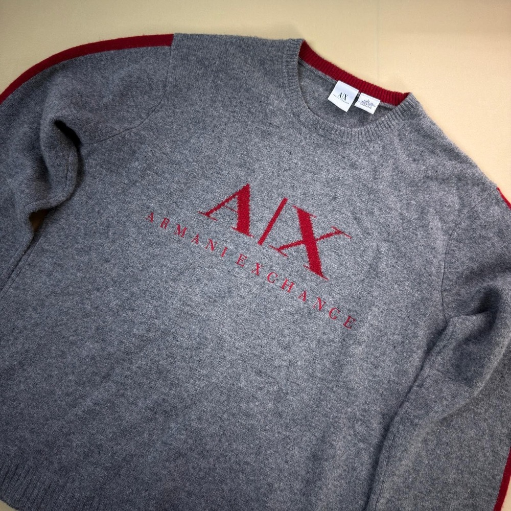 VINTAGE Armani Exchange AX Lambswool Sweater Large Grey Red‎ Stripe 90s Y2K EUC